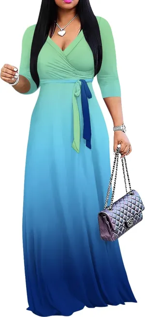 PinkPatty Women's Gradient Maxi Dress 3/4 Sleeves V Neck Cocktail Party Dress Belted Wrap Dresses