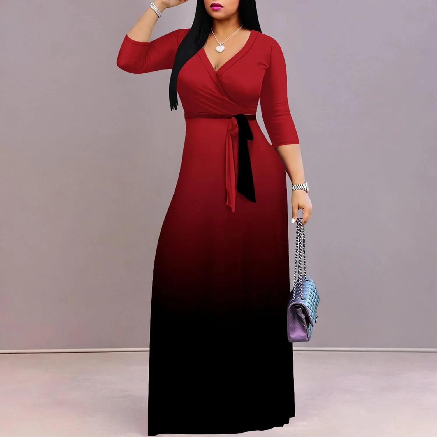 PinkPatty Women's Gradient Maxi Dress 3/4 Sleeves V Neck Cocktail Party Dress Belted Wrap Dresses