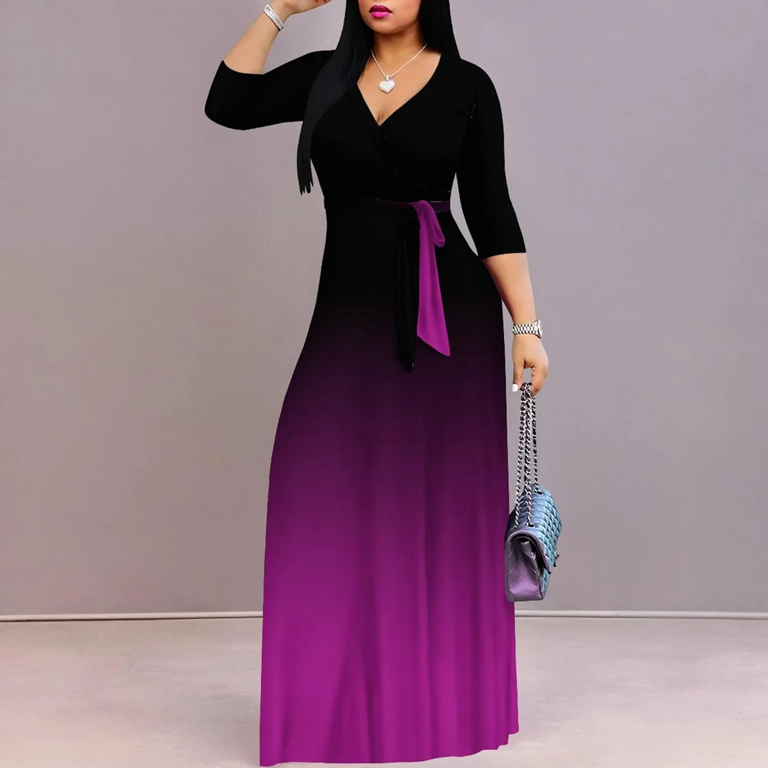 PinkPatty Women's Gradient Maxi Dress 3/4 Sleeves V Neck Cocktail Party Dress Belted Wrap Dresses