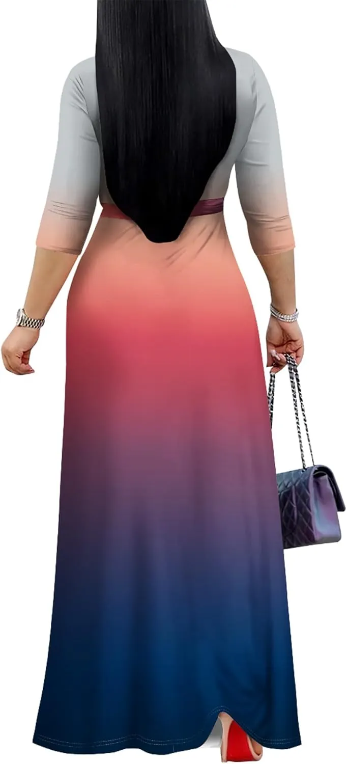 PinkPatty Women's Gradient Maxi Dress 3/4 Sleeves V Neck Cocktail Party Dress Belted Wrap Dresses