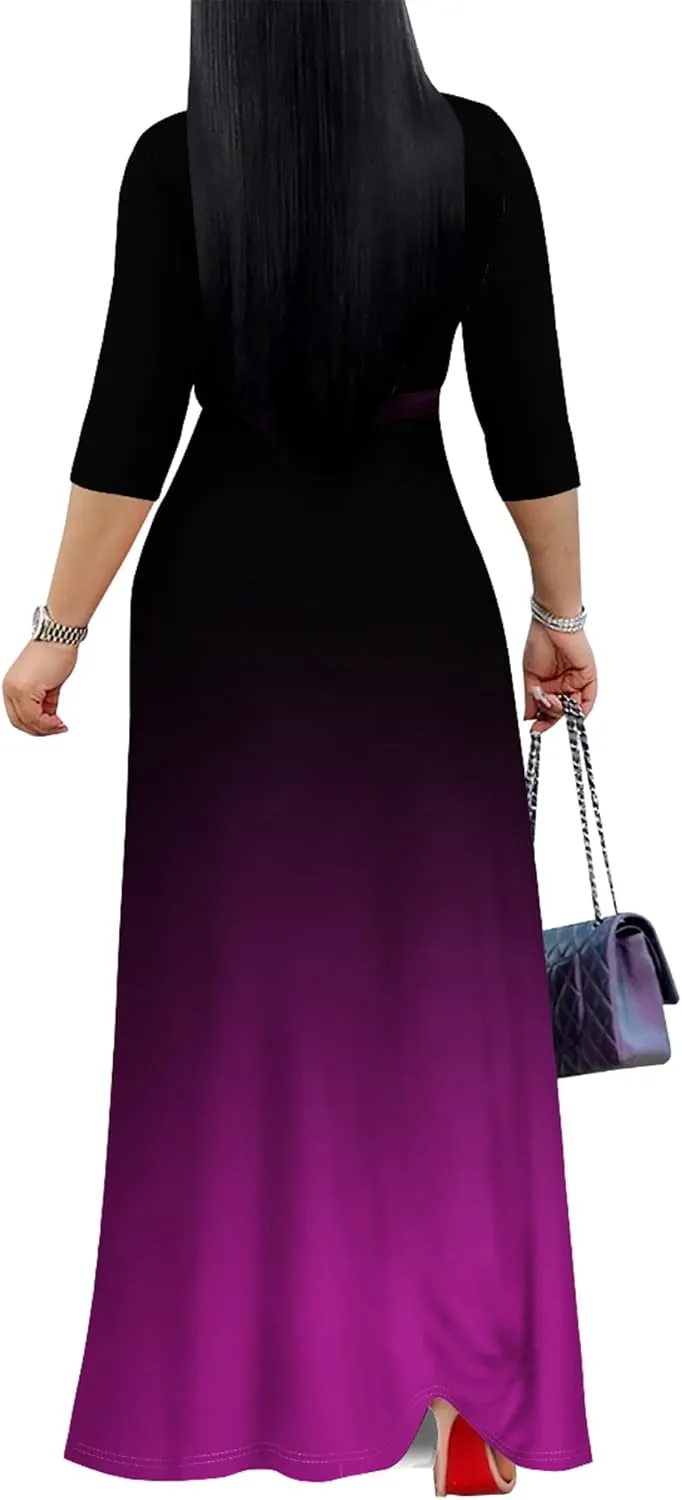 PinkPatty Women's Gradient Maxi Dress 3/4 Sleeves V Neck Cocktail Party Dress Belted Wrap Dresses