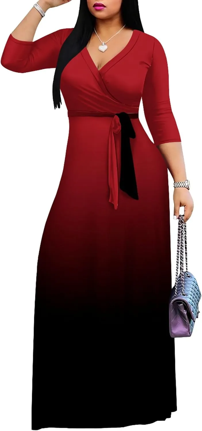 PinkPatty Women's Gradient Maxi Dress 3/4 Sleeves V Neck Cocktail Party Dress Belted Wrap Dresses