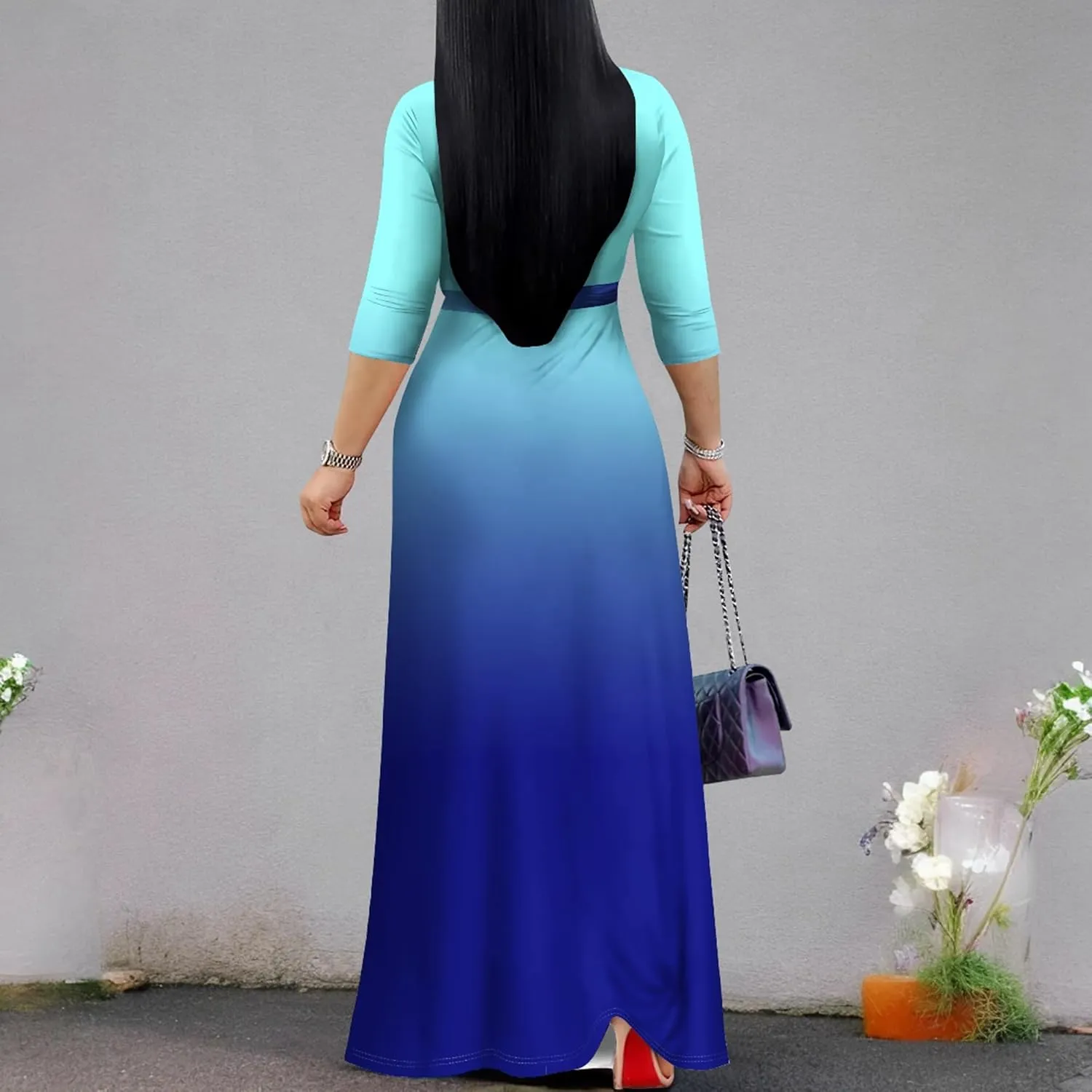 PinkPatty Women's Gradient Maxi Dress 3/4 Sleeves V Neck Cocktail Party Dress Belted Wrap Dresses