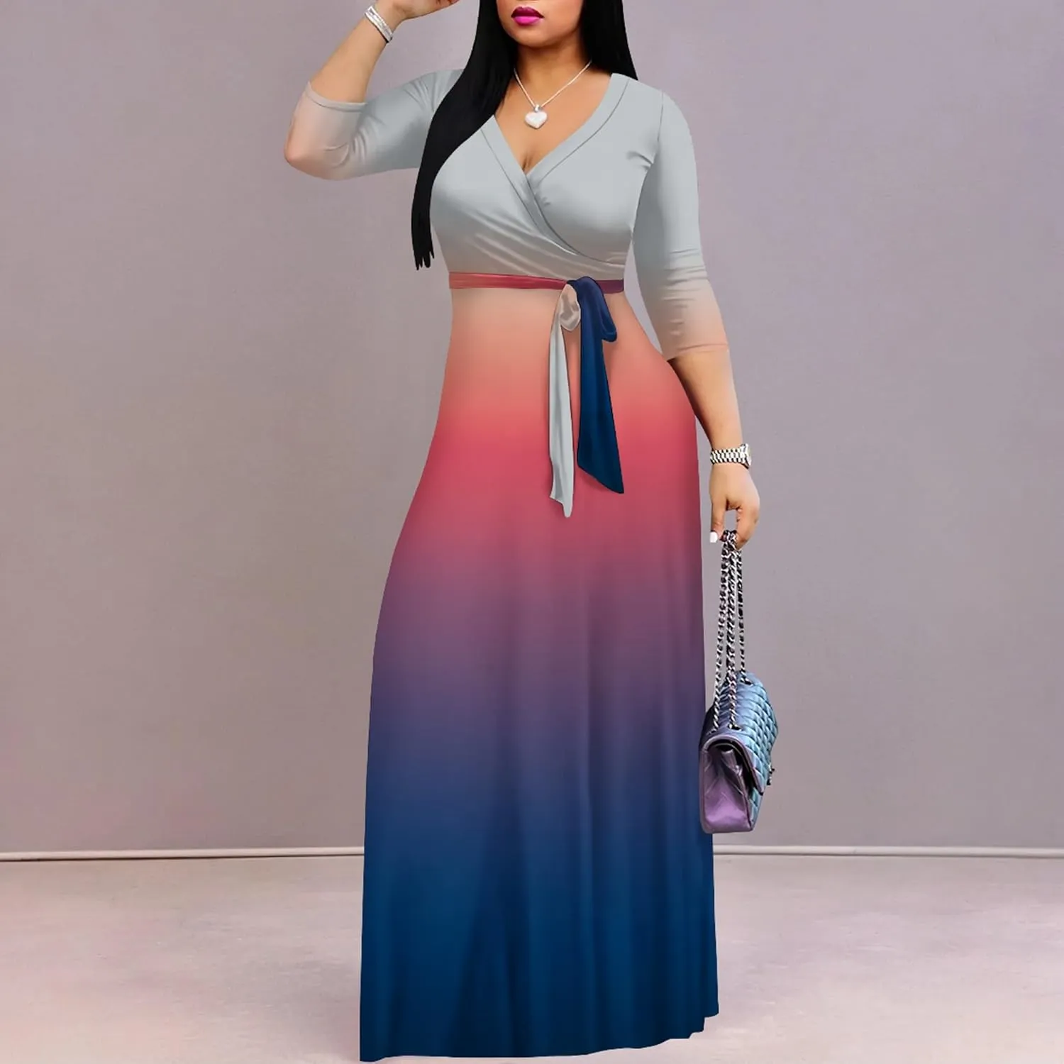 PinkPatty Women's Gradient Maxi Dress 3/4 Sleeves V Neck Cocktail Party Dress Belted Wrap Dresses