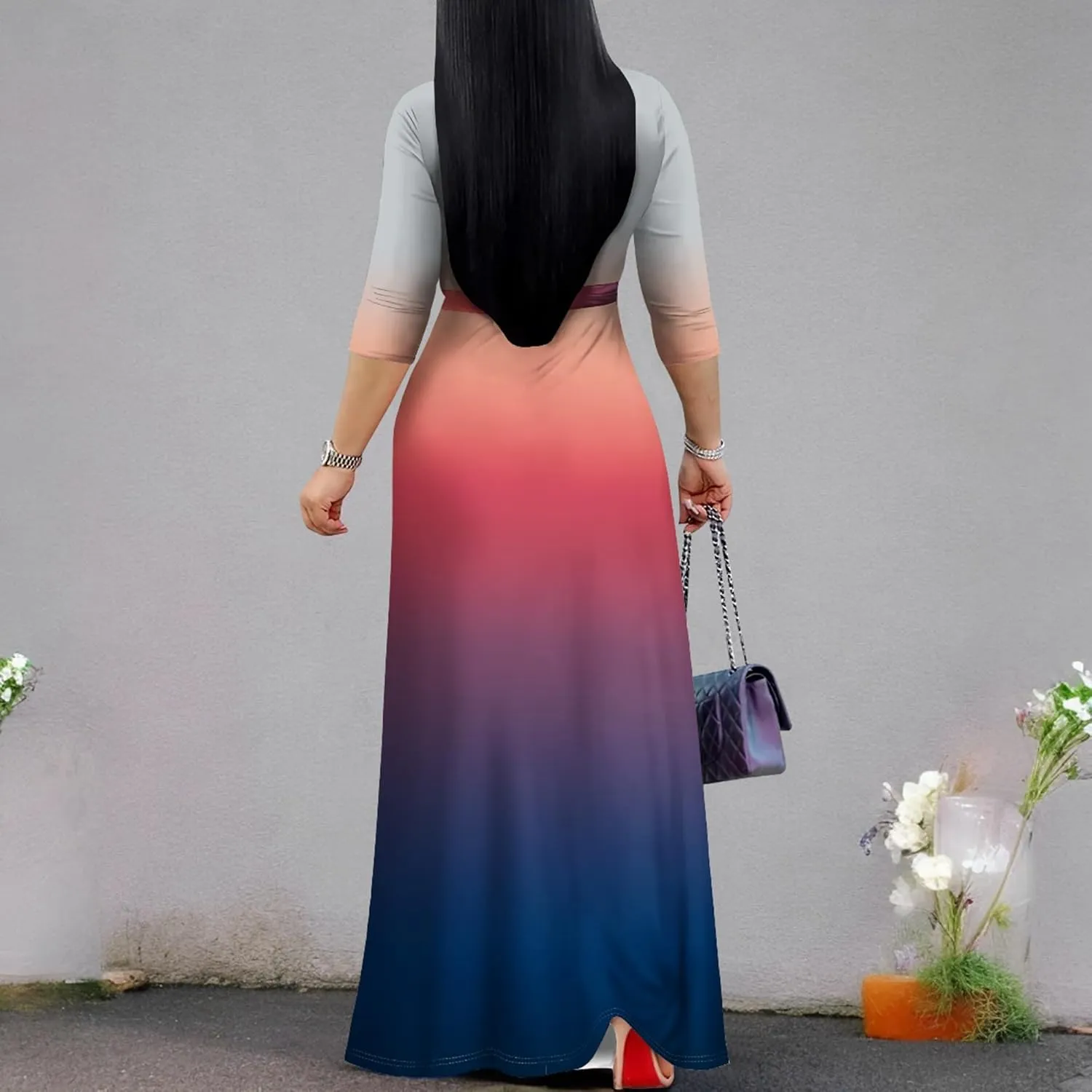 PinkPatty Women's Gradient Maxi Dress 3/4 Sleeves V Neck Cocktail Party Dress Belted Wrap Dresses
