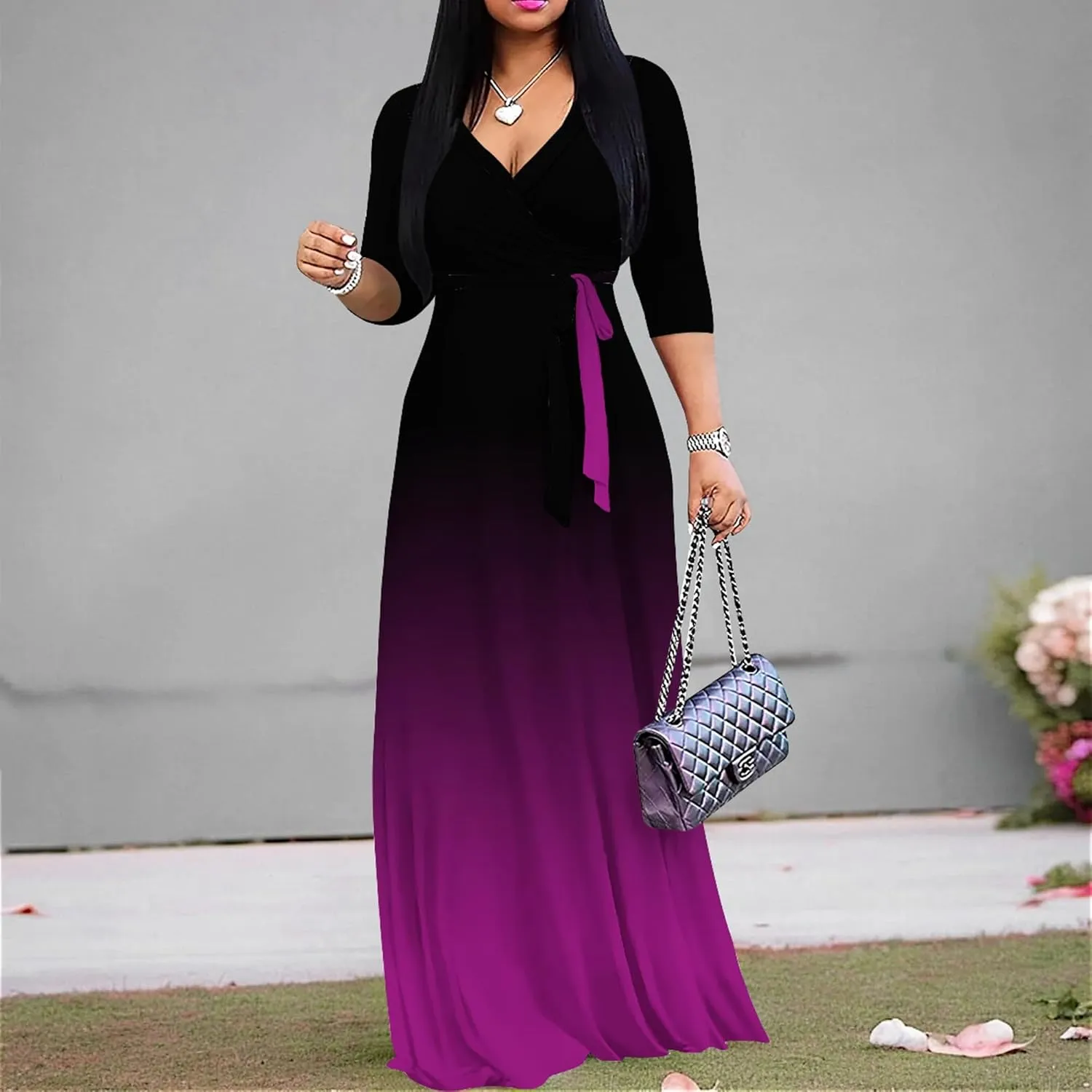 PinkPatty Women's Gradient Maxi Dress 3/4 Sleeves V Neck Cocktail Party Dress Belted Wrap Dresses