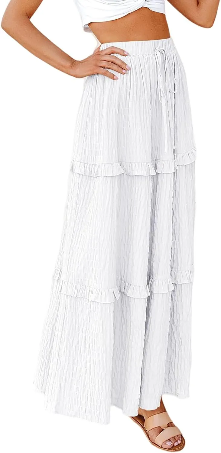 Pleated Long Skirts for Women Trendy Elastic High Waisted A-Line Flowy Swing Maxi Skirt Summer Comfy Tiered Skirt