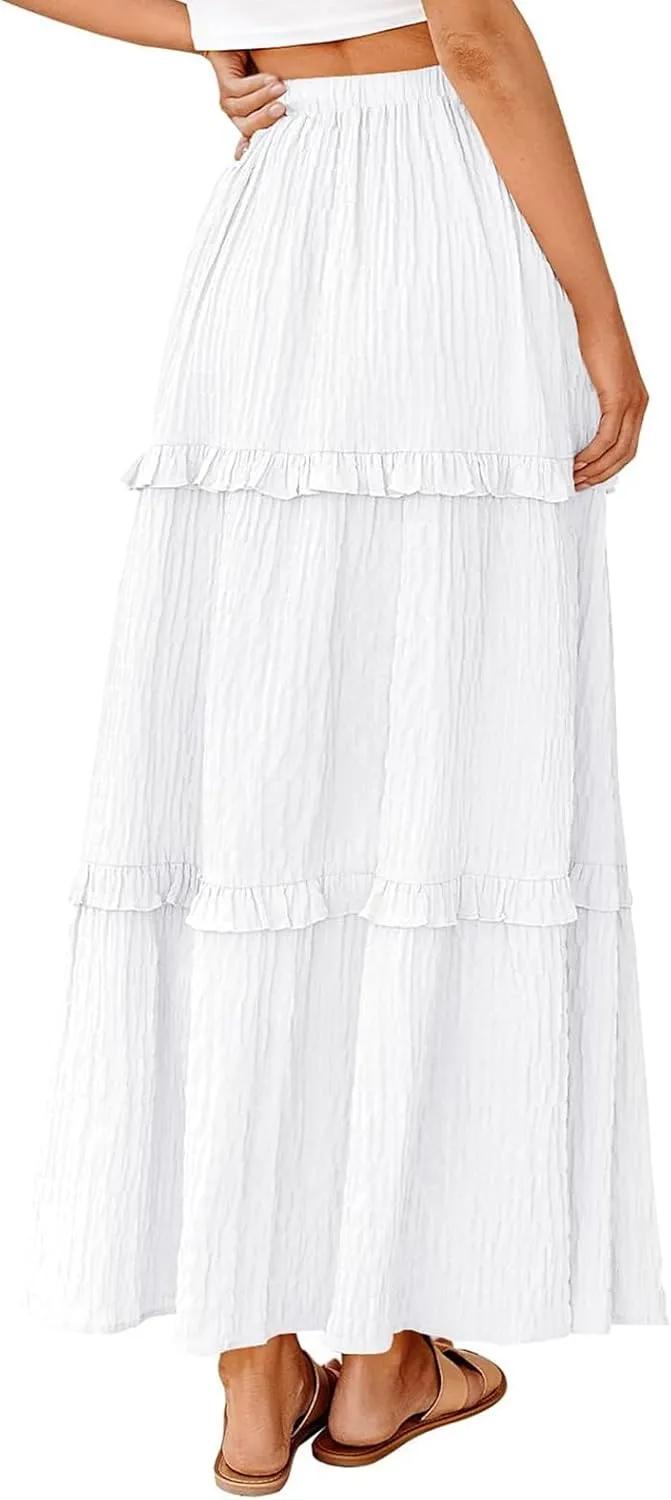 Pleated Long Skirts for Women Trendy Elastic High Waisted A-Line Flowy Swing Maxi Skirt Summer Comfy Tiered Skirt