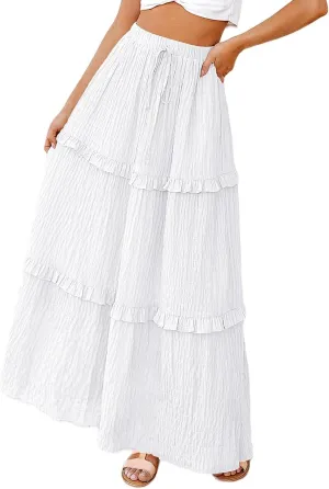 Pleated Long Skirts for Women Trendy Elastic High Waisted A-Line Flowy Swing Maxi Skirt Summer Comfy Tiered Skirt