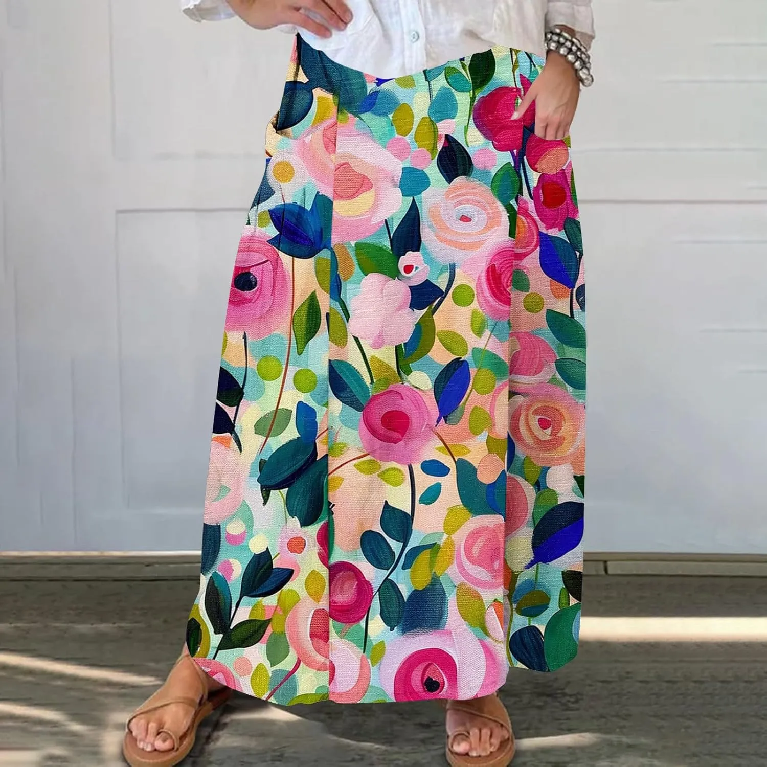 Plus Size Skirts for Women 2025 Summer Trendy Daisy Printed Boho Beach Skirt with Pocket Baggy Flowy Skirt