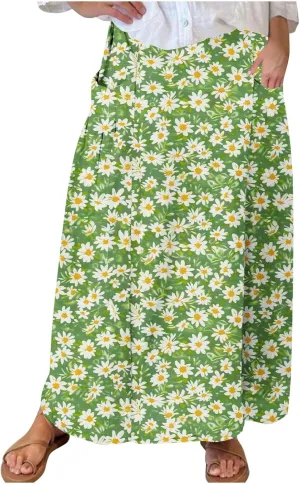 Plus Size Skirts for Women 2025 Summer Trendy Daisy Printed Boho Beach Skirt with Pocket Baggy Flowy Skirt