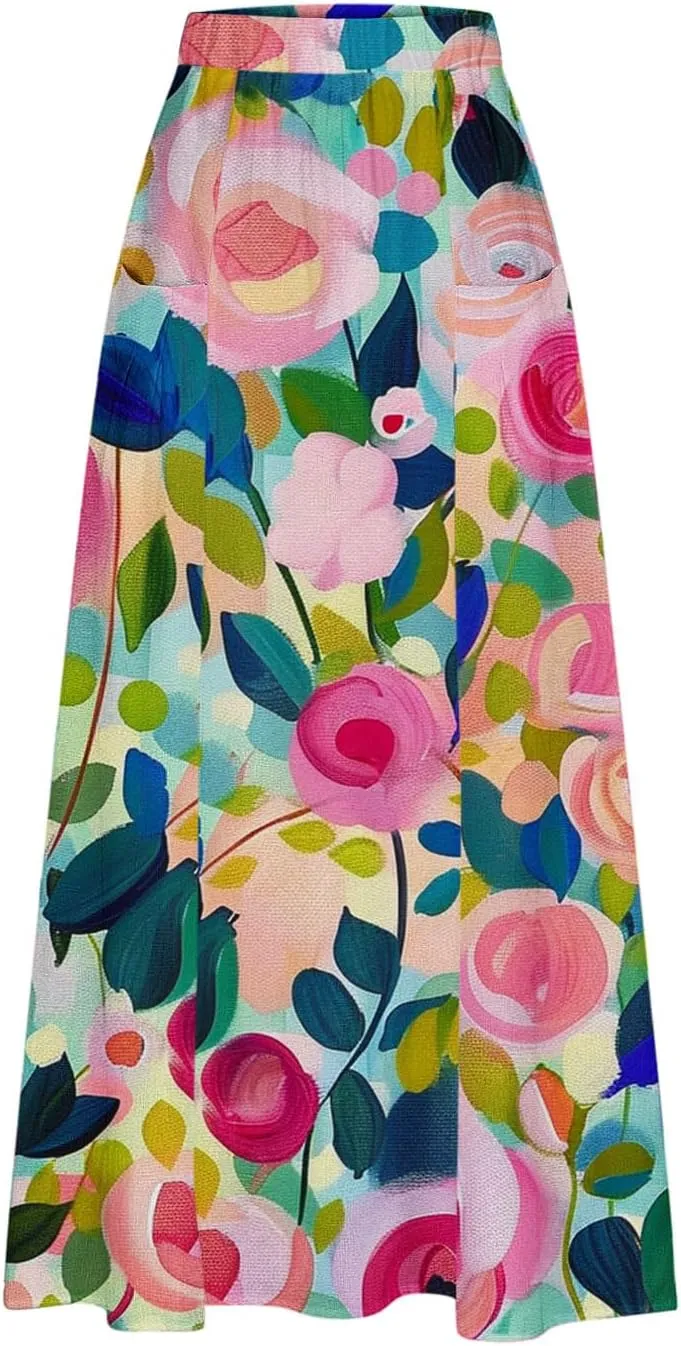 Plus Size Skirts for Women 2025 Summer Trendy Daisy Printed Boho Beach Skirt with Pocket Baggy Flowy Skirt