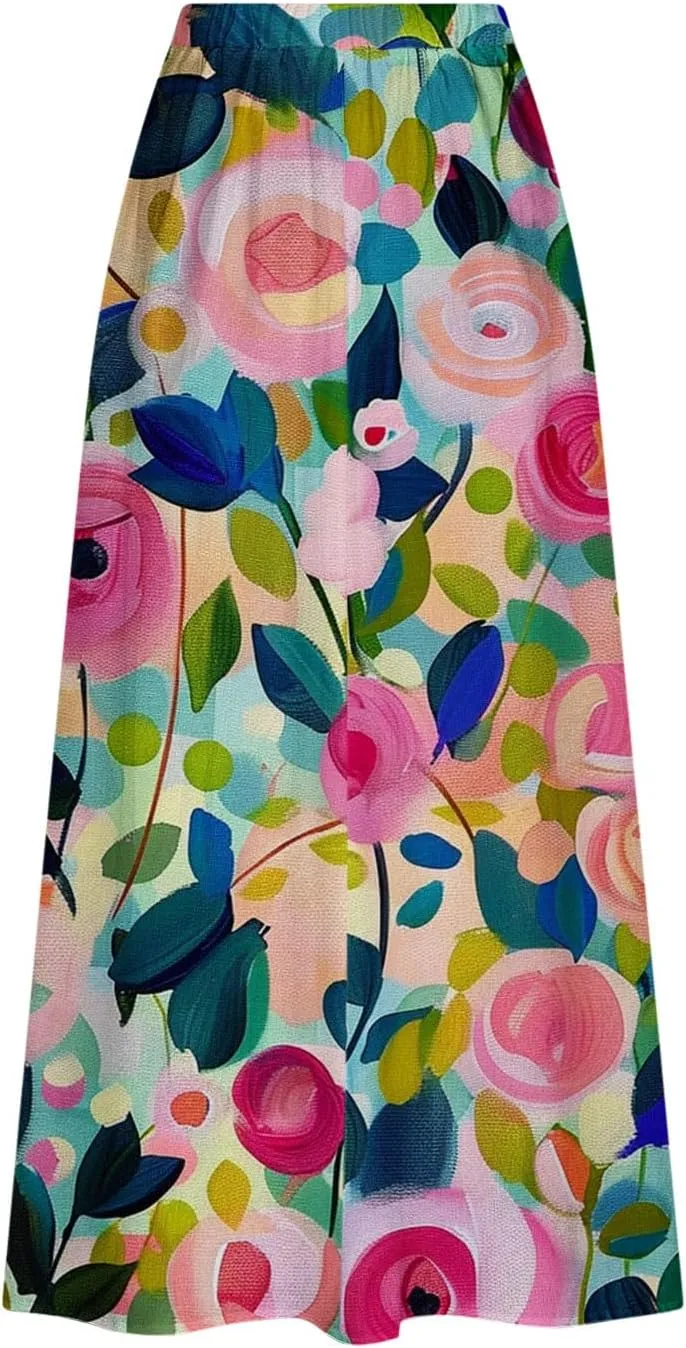 Plus Size Skirts for Women 2025 Summer Trendy Daisy Printed Boho Beach Skirt with Pocket Baggy Flowy Skirt