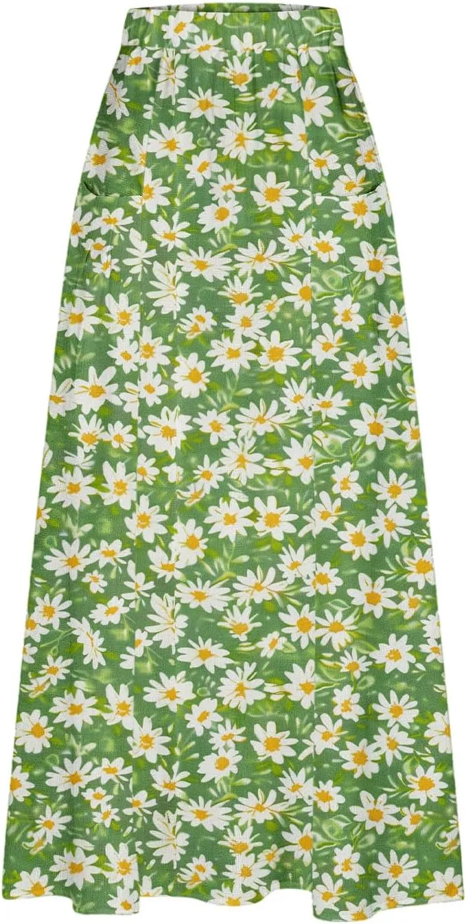 Plus Size Skirts for Women 2025 Summer Trendy Daisy Printed Boho Beach Skirt with Pocket Baggy Flowy Skirt