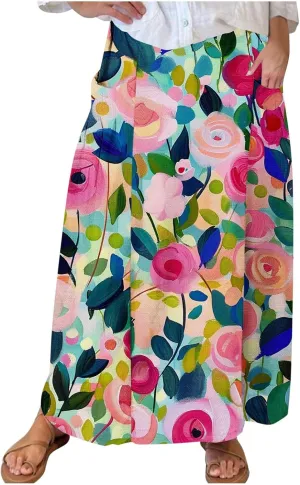 Plus Size Skirts for Women 2025 Summer Trendy Daisy Printed Boho Beach Skirt with Pocket Baggy Flowy Skirt