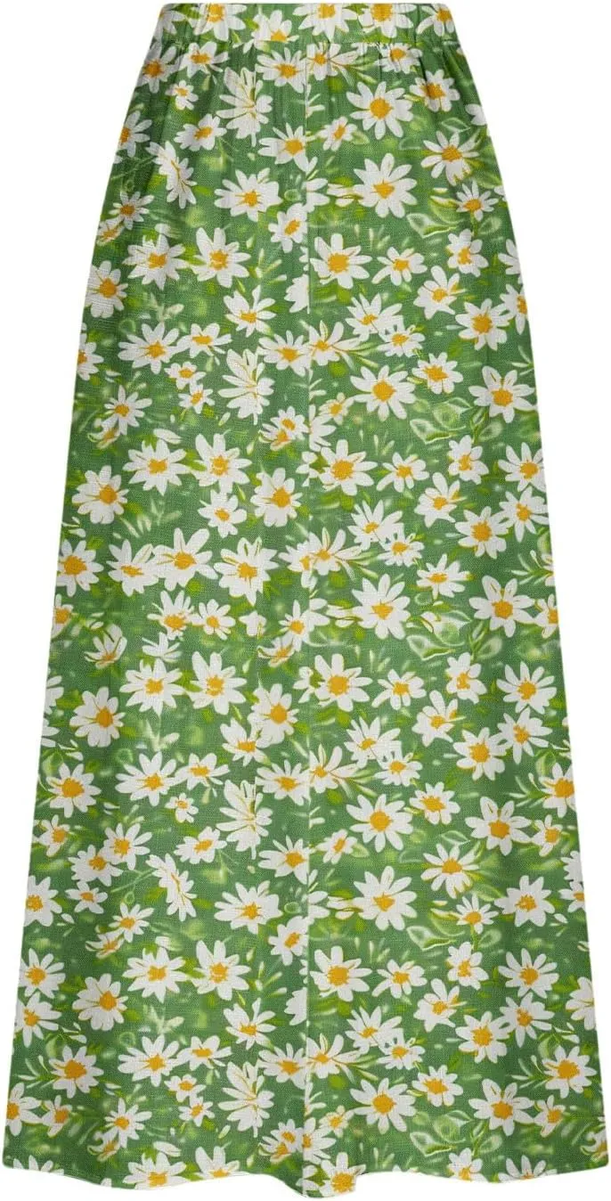 Plus Size Skirts for Women 2025 Summer Trendy Daisy Printed Boho Beach Skirt with Pocket Baggy Flowy Skirt