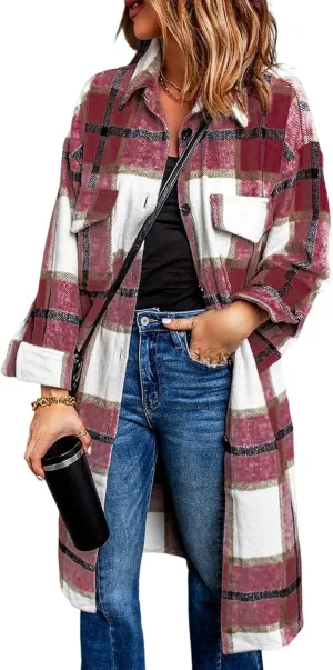 PRETTYGARDEN Women's 2025 Plaid Shacket Jacket Long Sleeve Button Down Shirts Fashion Winter Wool Coats