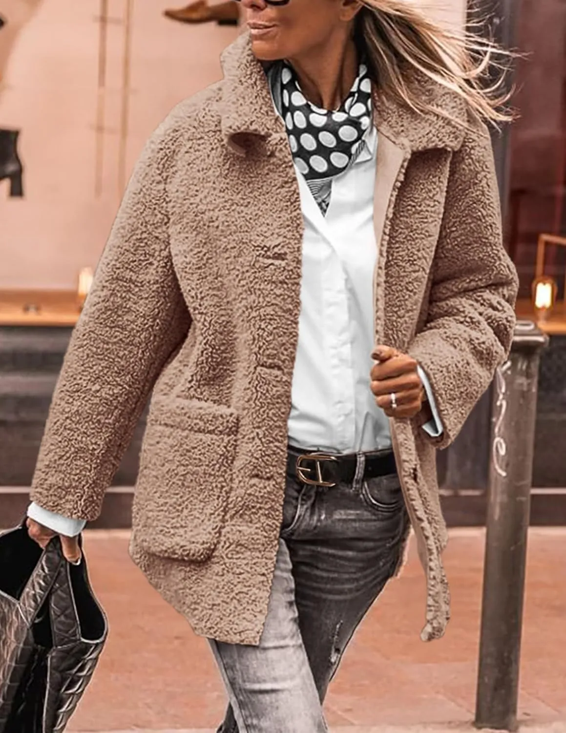 PRETTYGARDEN Women's Winter Faux Fur Coats Long Sleeve Lapel Button Down Pockets Fleece Sherpa Jacket Casual Trendy Outerwear