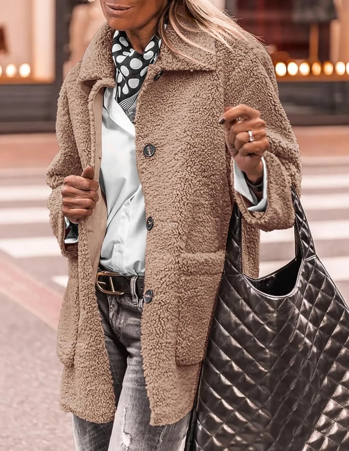 PRETTYGARDEN Women's Winter Faux Fur Coats Long Sleeve Lapel Button Down Pockets Fleece Sherpa Jacket Casual Trendy Outerwear