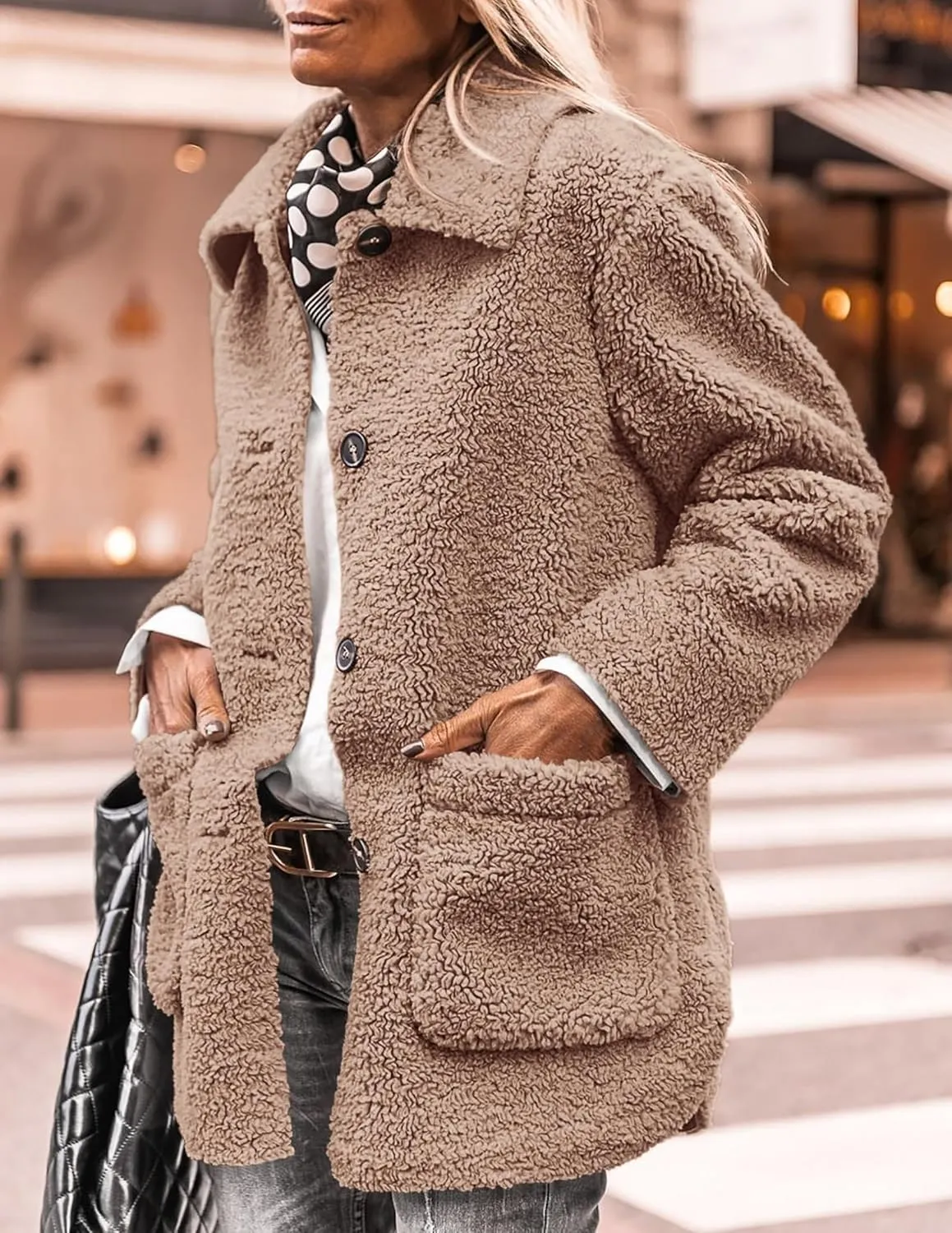 PRETTYGARDEN Women's Winter Faux Fur Coats Long Sleeve Lapel Button Down Pockets Fleece Sherpa Jacket Casual Trendy Outerwear