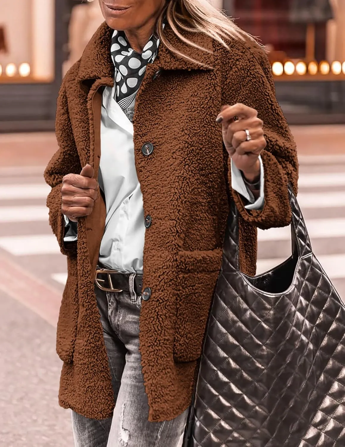 PRETTYGARDEN Women's Winter Faux Fur Coats Long Sleeve Lapel Button Down Pockets Fleece Sherpa Jacket Casual Trendy Outerwear