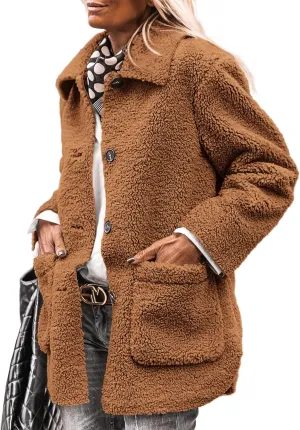 PRETTYGARDEN Women's Winter Faux Fur Coats Long Sleeve Lapel Button Down Pockets Fleece Sherpa Jacket Casual Trendy Outerwear
