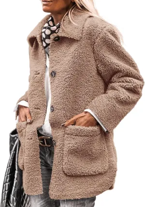 PRETTYGARDEN Women's Winter Faux Fur Coats Long Sleeve Lapel Button Down Pockets Fleece Sherpa Jacket Casual Trendy Outerwear
