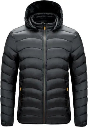 QWENTMTNTY Lightweight Puffer Jacket for Men with Removable Hood Winter Warm Full Zip Down Coats Water Resistant Windbreaker