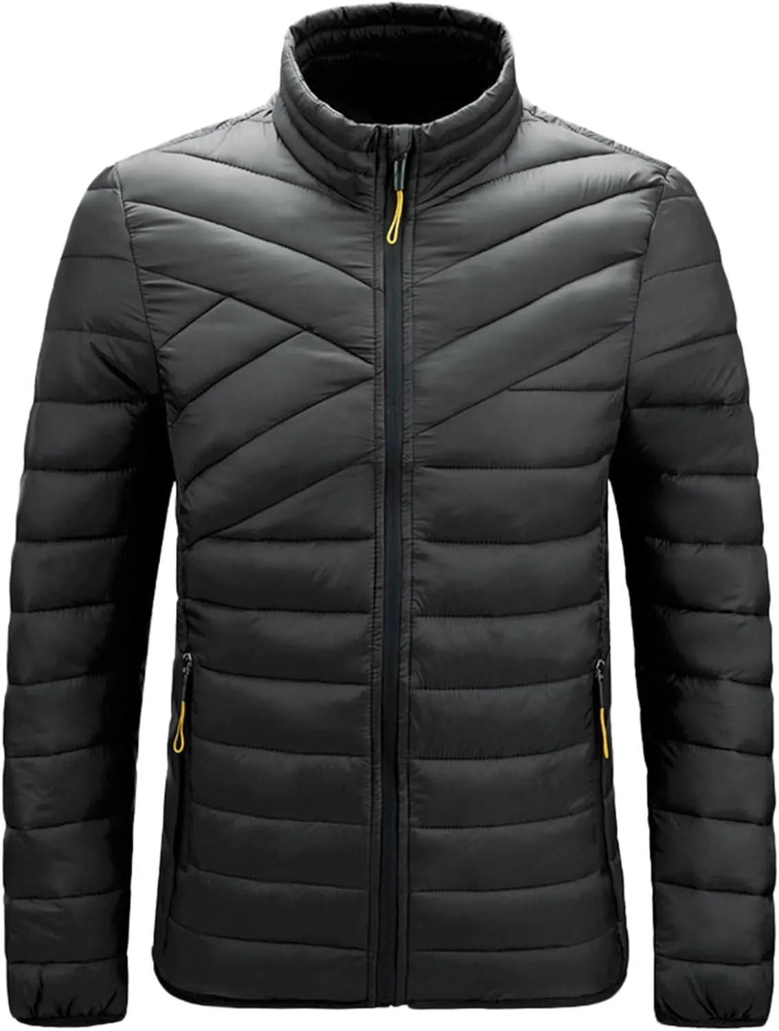 QWENTMTNTY Mens Winter Puffer Jackets Full Zip Up Quilted Bubble Sports Windbreaker No Hood Thermal Windproof Down Coats Plus Size