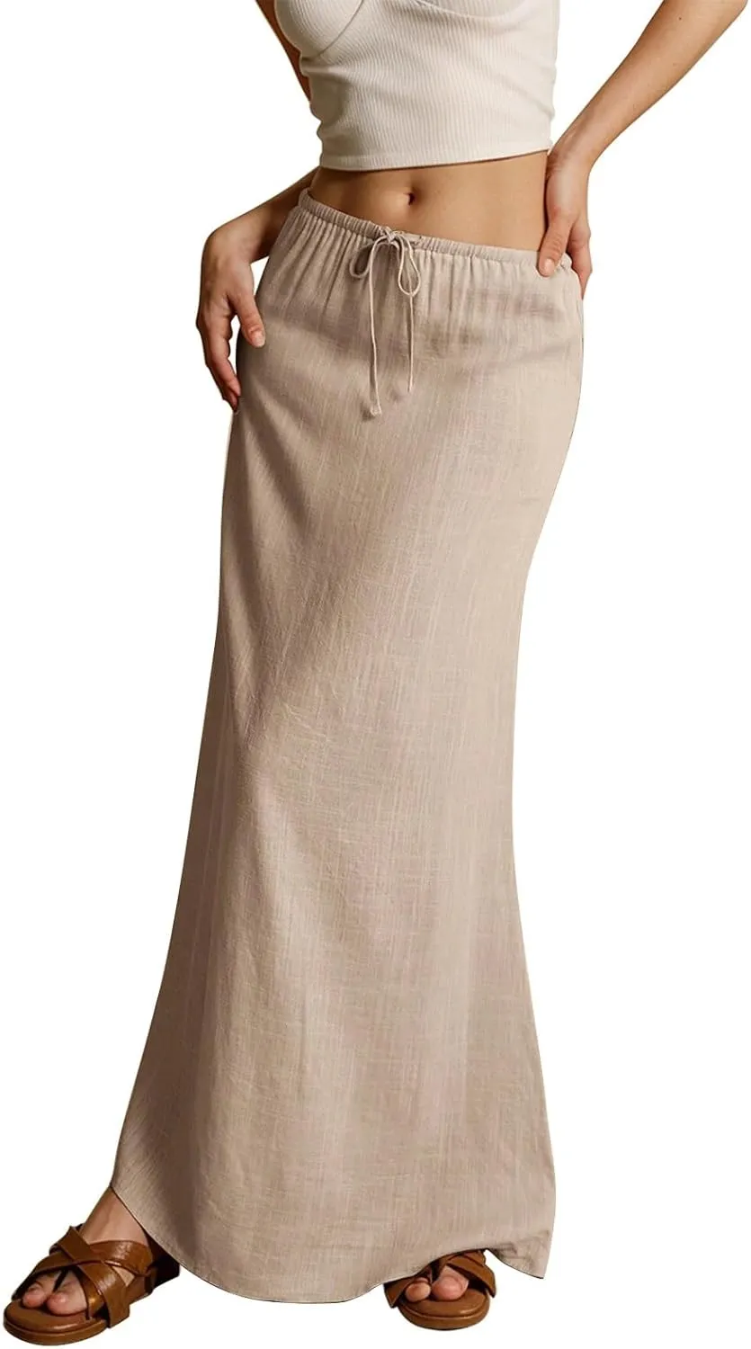 Rvidbe Linen Skirts for Women 2025 Cotton Linen Boho Maxi Skirt Spring Summer Trendy Vacation Casual Flowy Drawstring Skirts