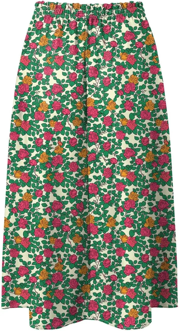Rvidbe Midi Skirt for Women Drawstring Floral Printed High Waisted Below Knee Pleated Flowy Beach A-Line Skirts with Pockets
