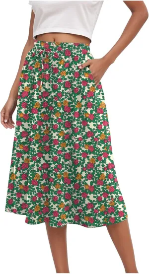 Rvidbe Midi Skirt for Women Drawstring Floral Printed High Waisted Below Knee Pleated Flowy Beach A-Line Skirts with Pockets