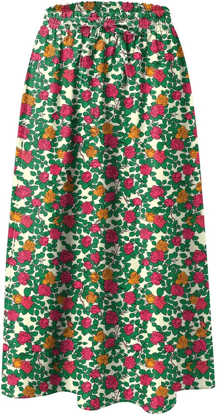 Rvidbe Midi Skirt for Women Drawstring Floral Printed High Waisted Below Knee Pleated Flowy Beach A-Line Skirts with Pockets