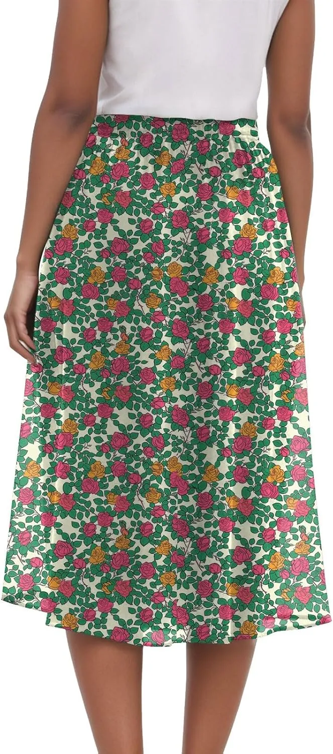 Rvidbe Midi Skirt for Women Drawstring Floral Printed High Waisted Below Knee Pleated Flowy Beach A-Line Skirts with Pockets