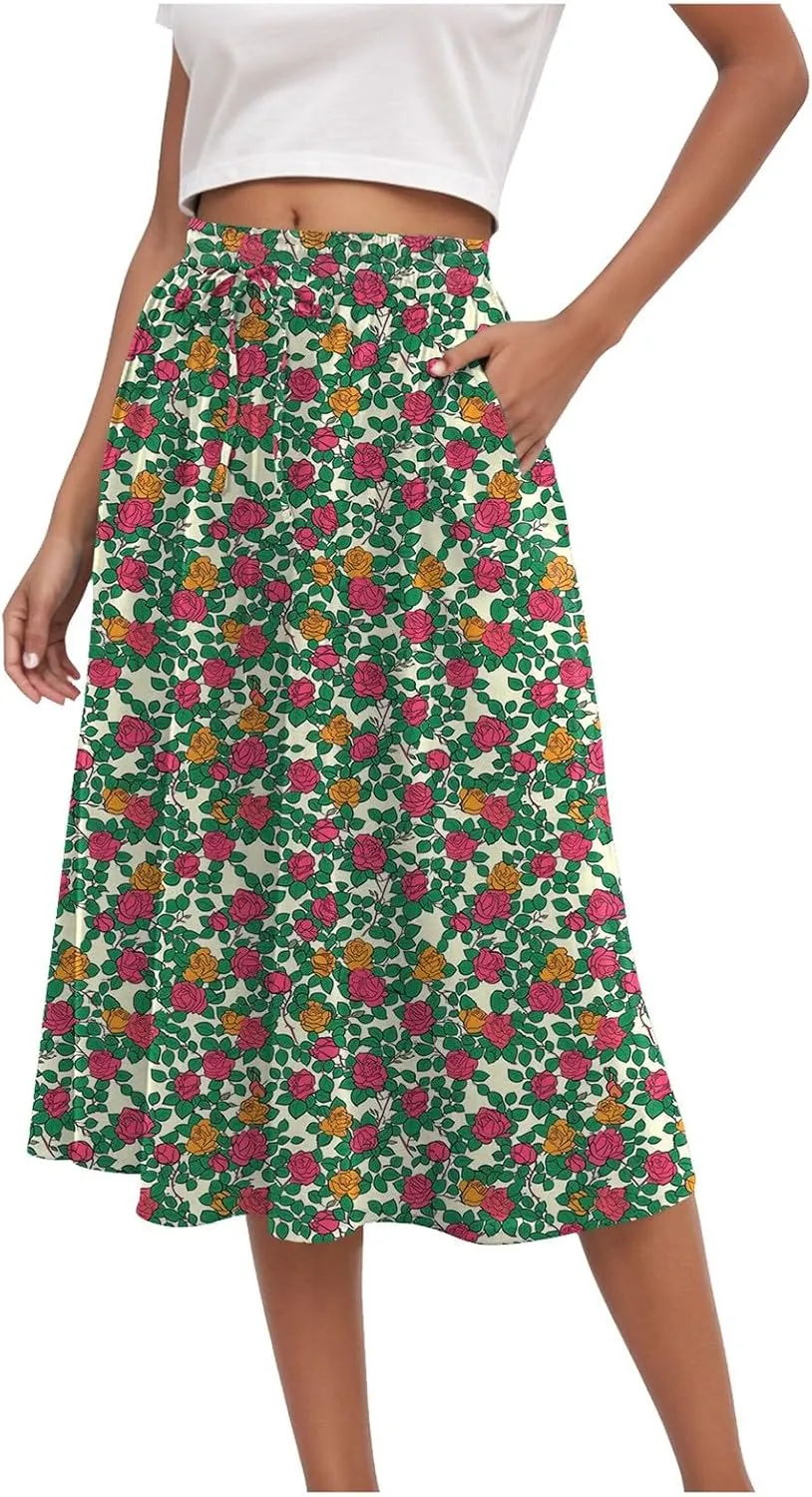 Rvidbe Midi Skirt for Women Drawstring Floral Printed High Waisted Below Knee Pleated Flowy Beach A-Line Skirts with Pockets