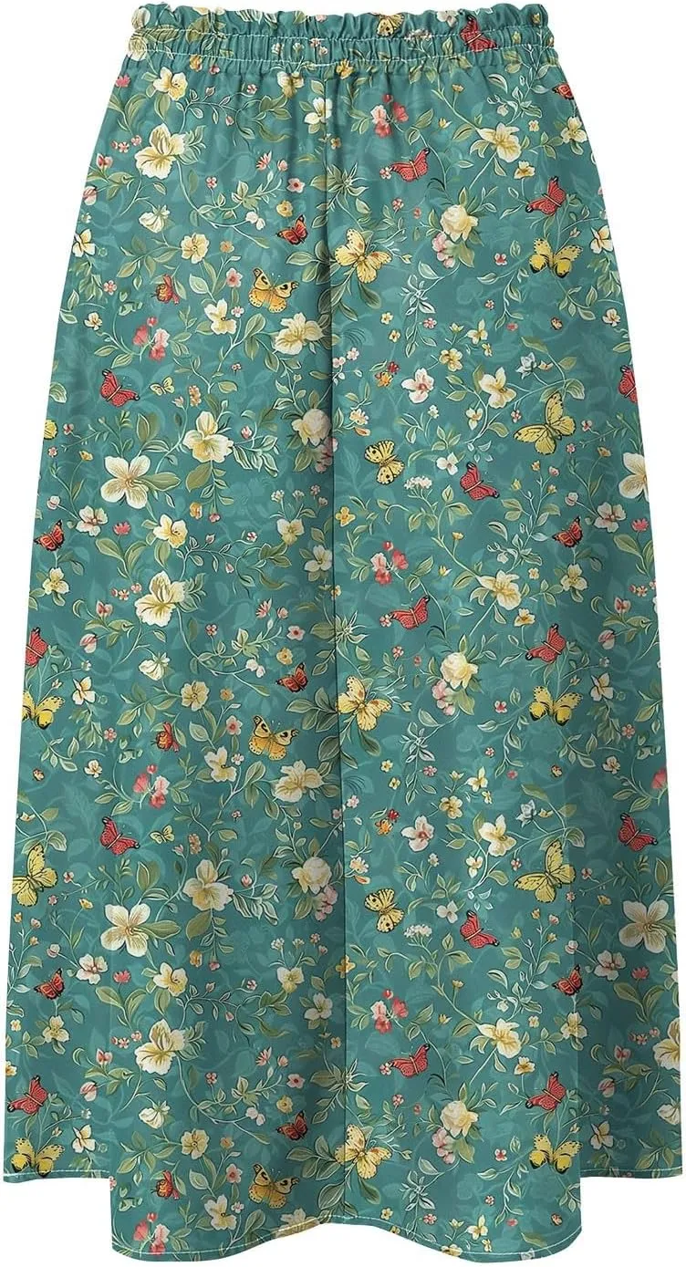 Rvidbe Midi Skirt for Women Drawstring High Waisted Floral Printed Skirts with Pockets Below Knee Pleated Flowy Beach Skirts
