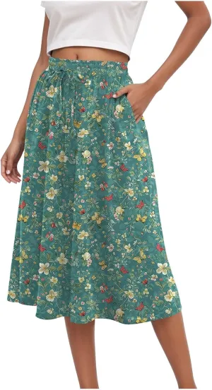 Rvidbe Midi Skirt for Women Drawstring High Waisted Floral Printed Skirts with Pockets Below Knee Pleated Flowy Beach Skirts