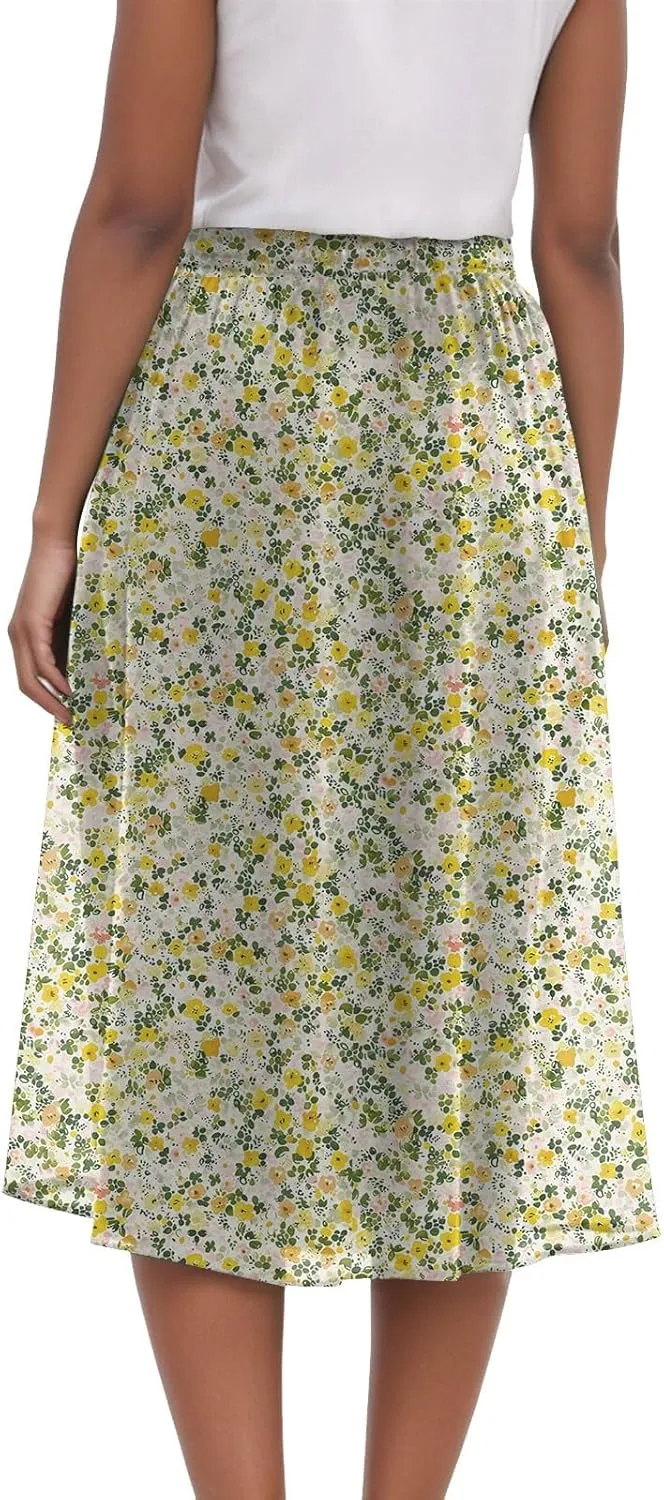Rvidbe Midi Skirt for Women Drawstring High Waisted Floral Printed Skirts with Pockets Below Knee Pleated Flowy Beach Skirts
