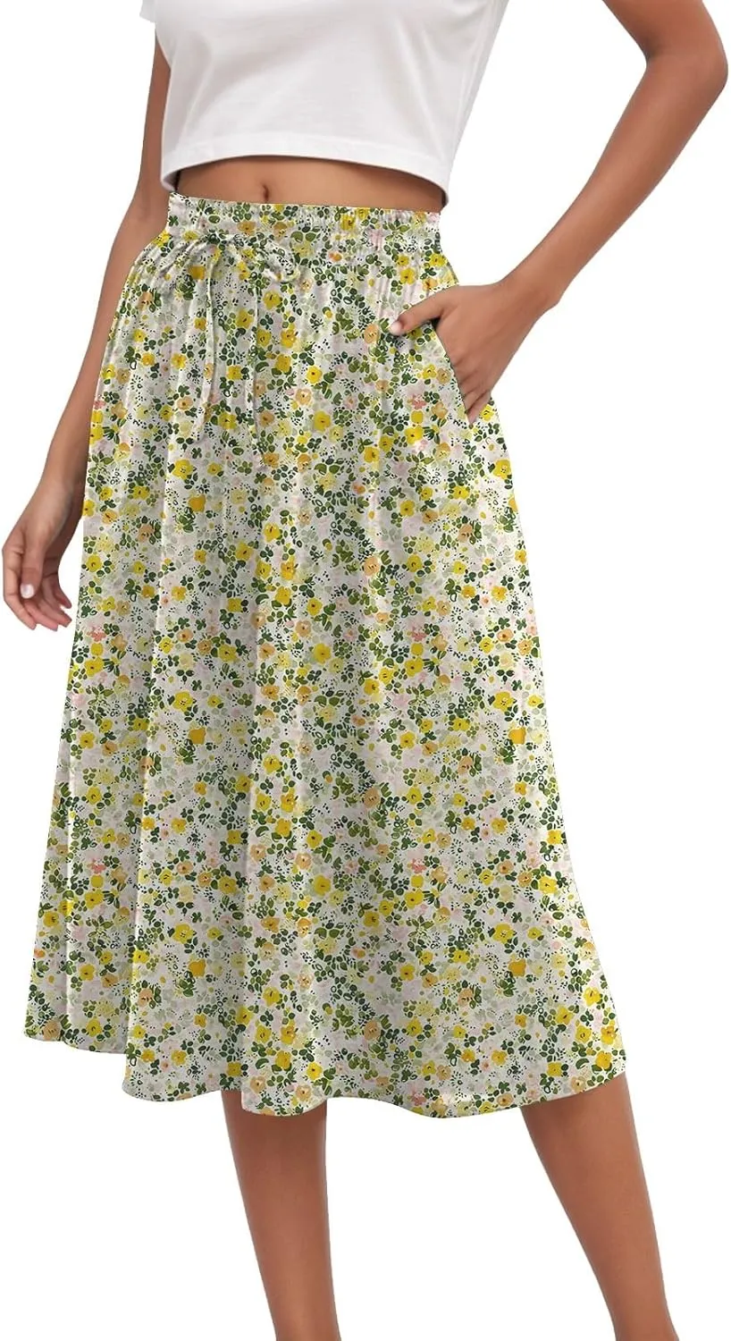 Rvidbe Midi Skirt for Women Drawstring High Waisted Floral Printed Skirts with Pockets Below Knee Pleated Flowy Beach Skirts