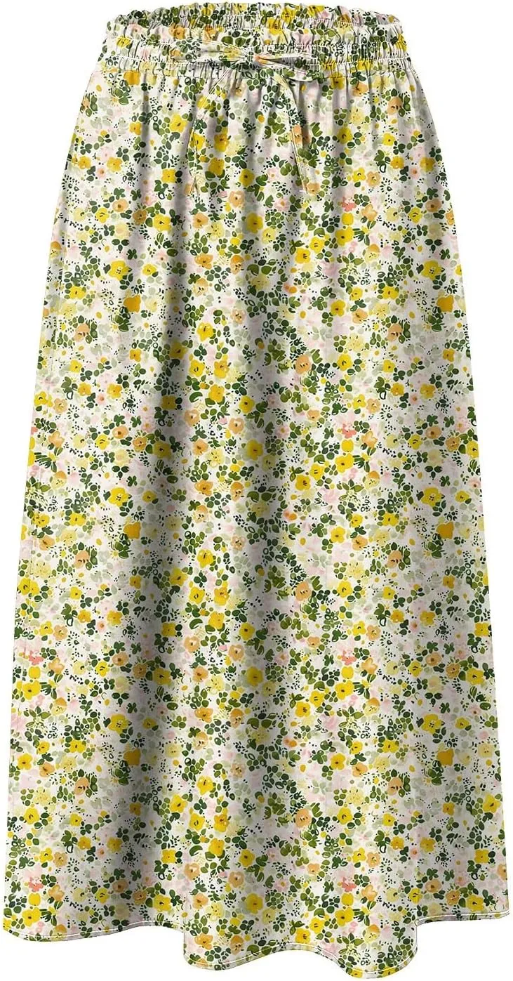 Rvidbe Midi Skirt for Women Drawstring High Waisted Floral Printed Skirts with Pockets Below Knee Pleated Flowy Beach Skirts