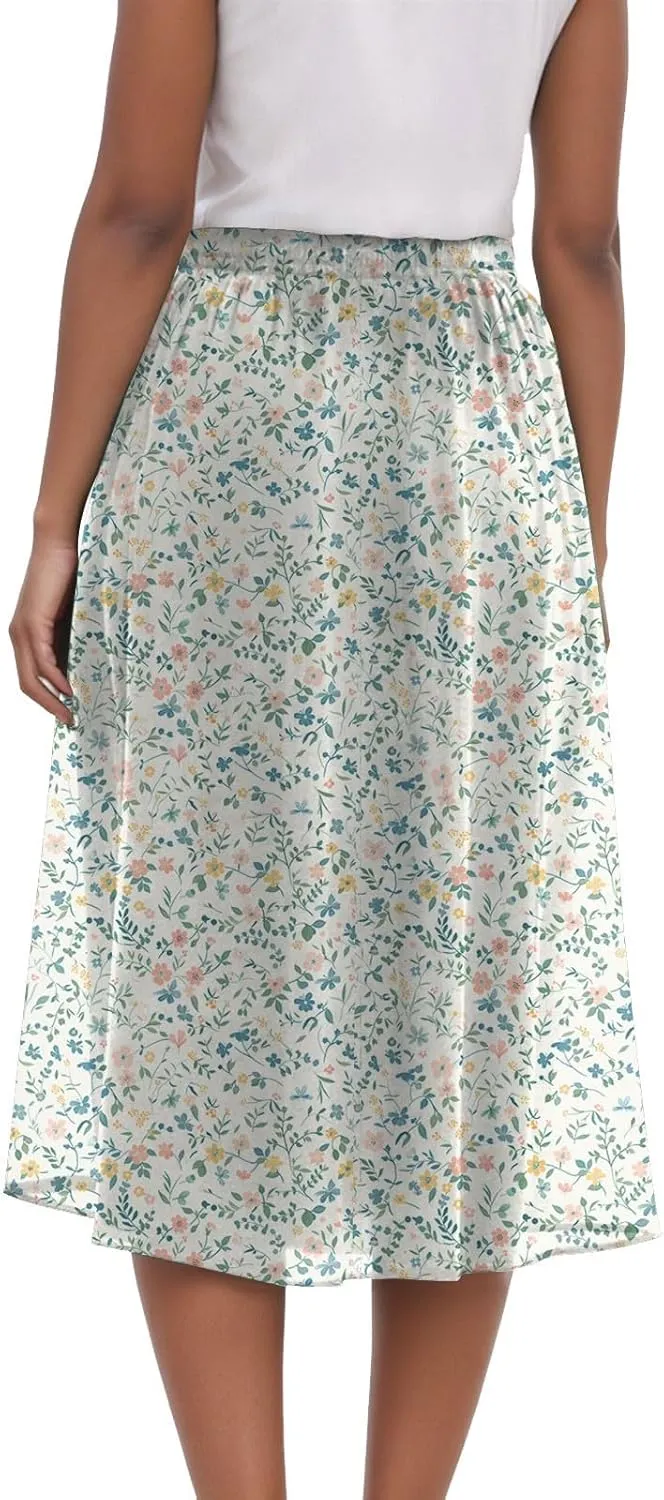 Rvidbe Midi Skirt for Women Drawstring High Waisted Floral Printed Skirts with Pockets Below Knee Pleated Flowy Beach Skirts