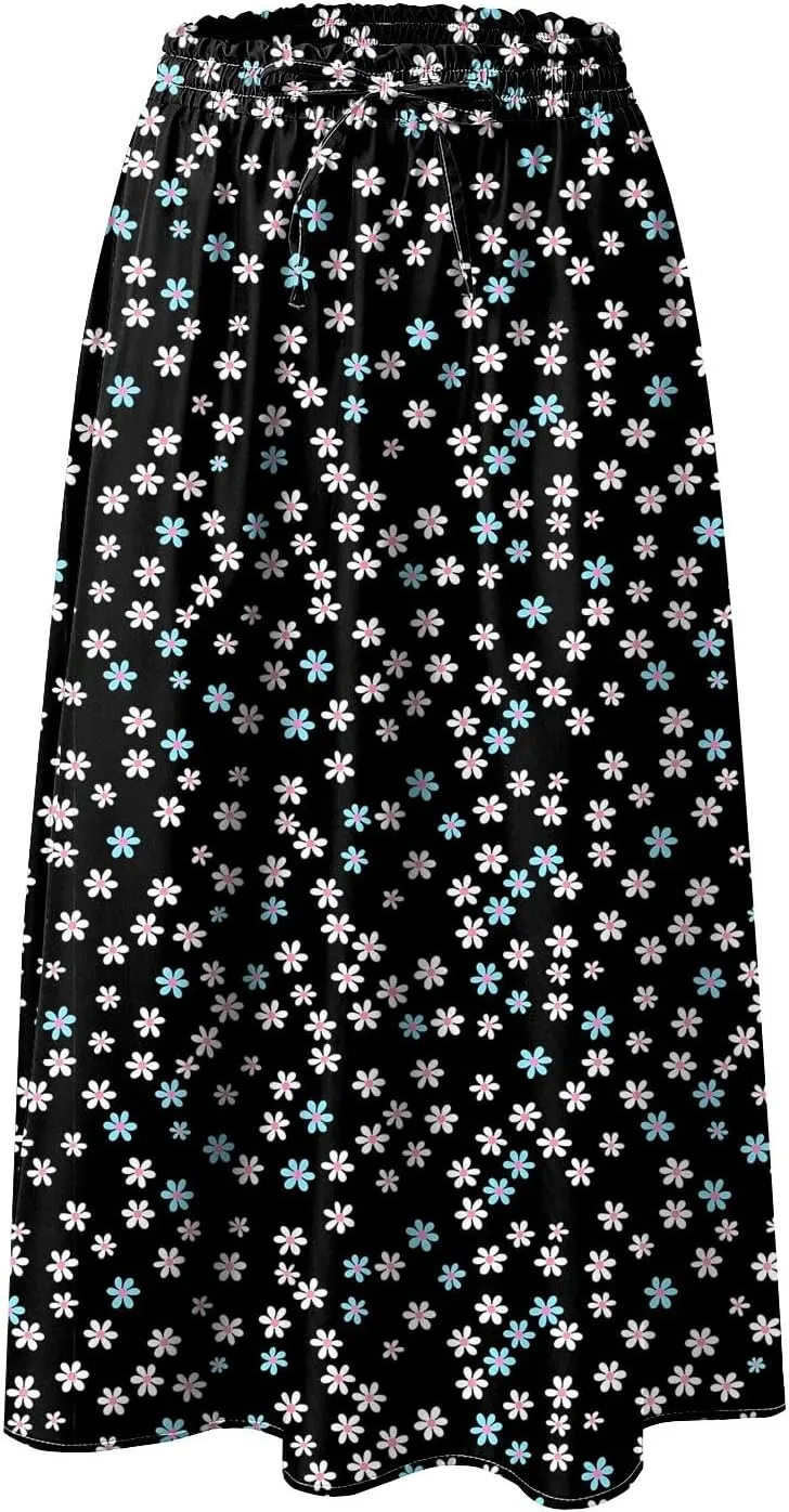Rvidbe Midi Skirt for Women Drawstring High Waisted Floral Printed Skirts with Pockets Below Knee Pleated Flowy Beach Skirts