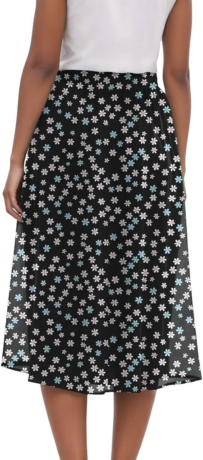 Rvidbe Midi Skirt for Women Drawstring High Waisted Floral Printed Skirts with Pockets Below Knee Pleated Flowy Beach Skirts