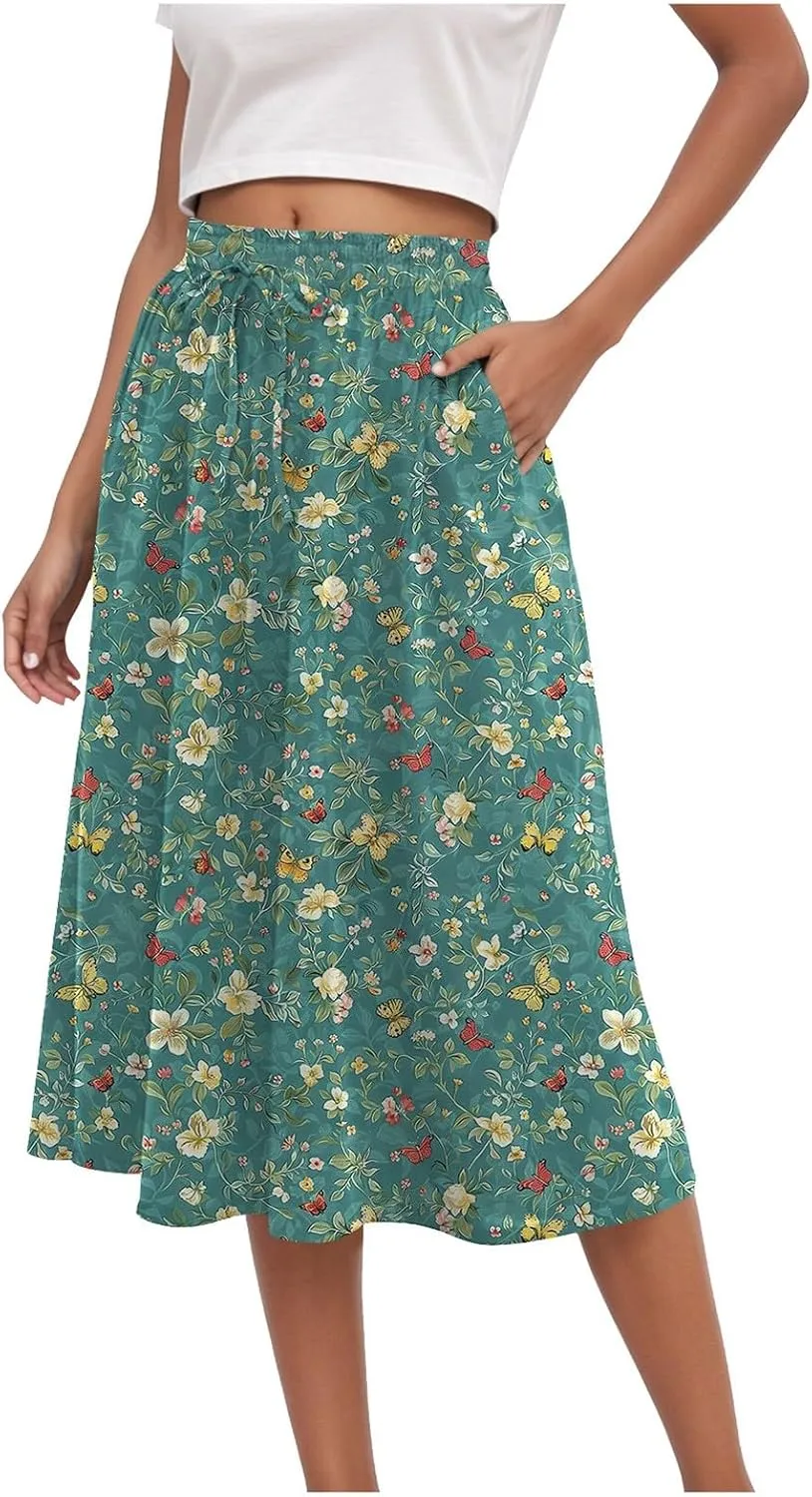 Rvidbe Midi Skirt for Women Drawstring High Waisted Floral Printed Skirts with Pockets Below Knee Pleated Flowy Beach Skirts