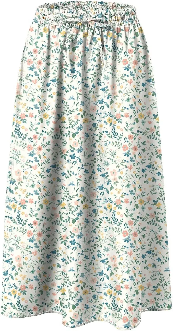 Rvidbe Midi Skirt for Women Drawstring High Waisted Floral Printed Skirts with Pockets Below Knee Pleated Flowy Beach Skirts