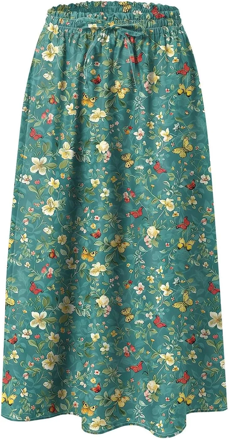 Rvidbe Midi Skirt for Women Drawstring High Waisted Floral Printed Skirts with Pockets Below Knee Pleated Flowy Beach Skirts