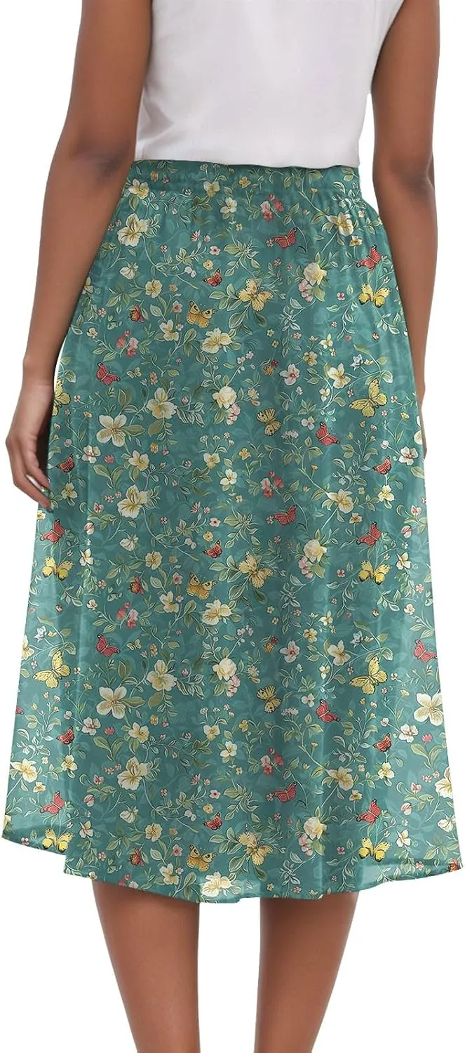 Rvidbe Midi Skirt for Women Drawstring High Waisted Floral Printed Skirts with Pockets Below Knee Pleated Flowy Beach Skirts