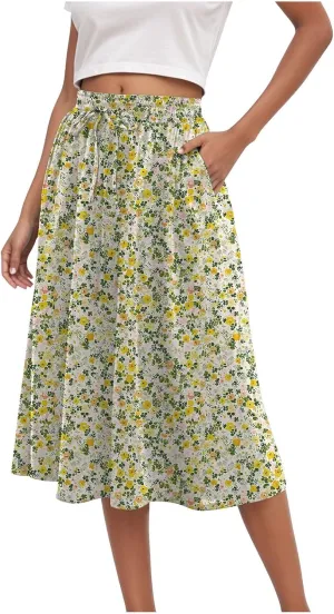 Rvidbe Midi Skirt for Women Drawstring High Waisted Floral Printed Skirts with Pockets Below Knee Pleated Flowy Beach Skirts