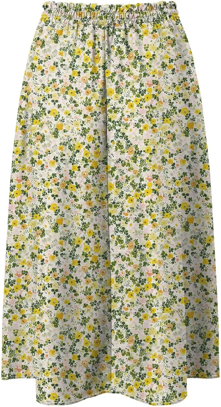 Rvidbe Midi Skirt for Women Drawstring High Waisted Floral Printed Skirts with Pockets Below Knee Pleated Flowy Beach Skirts