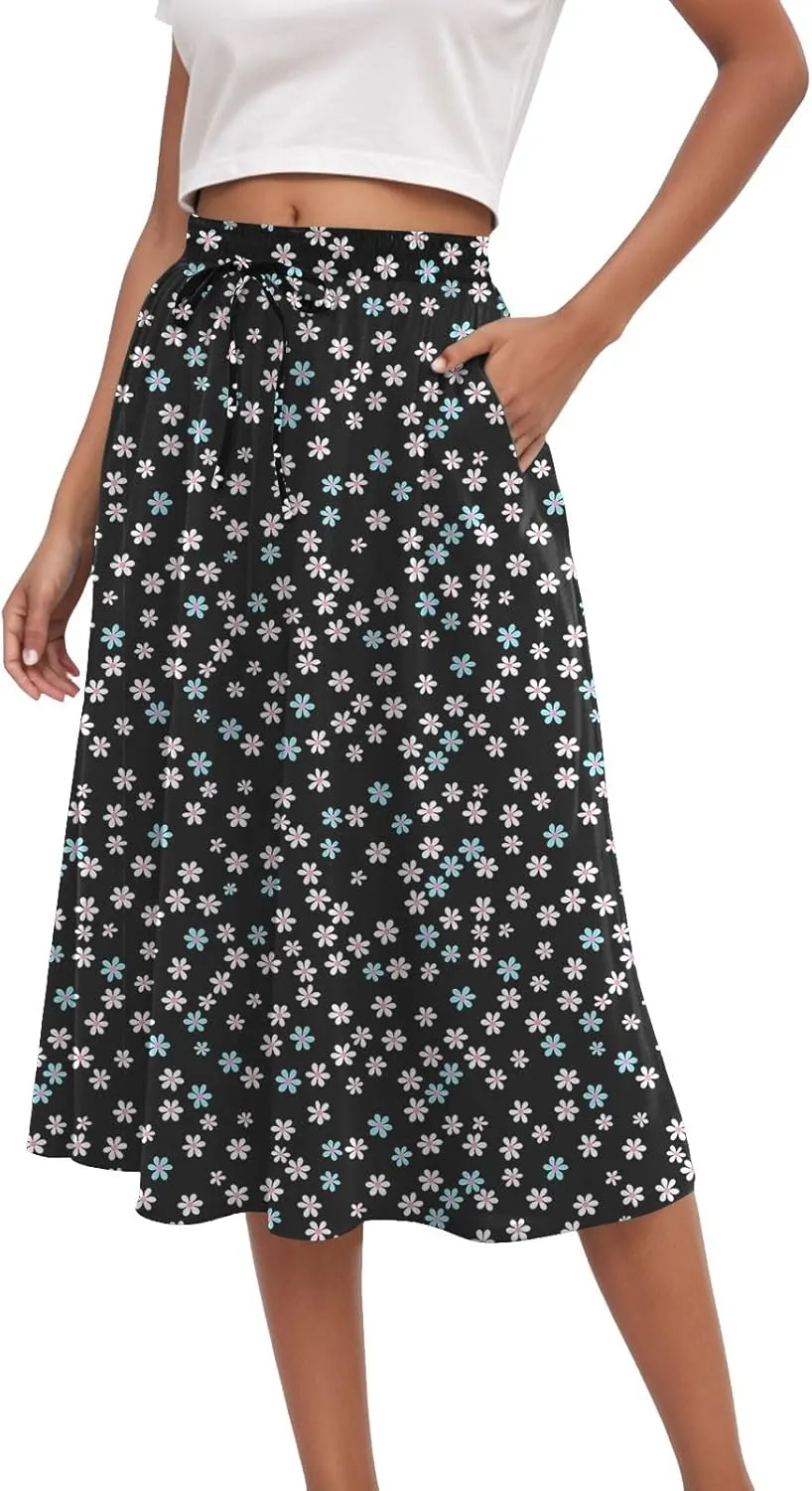 Rvidbe Midi Skirt for Women Drawstring High Waisted Floral Printed Skirts with Pockets Below Knee Pleated Flowy Beach Skirts